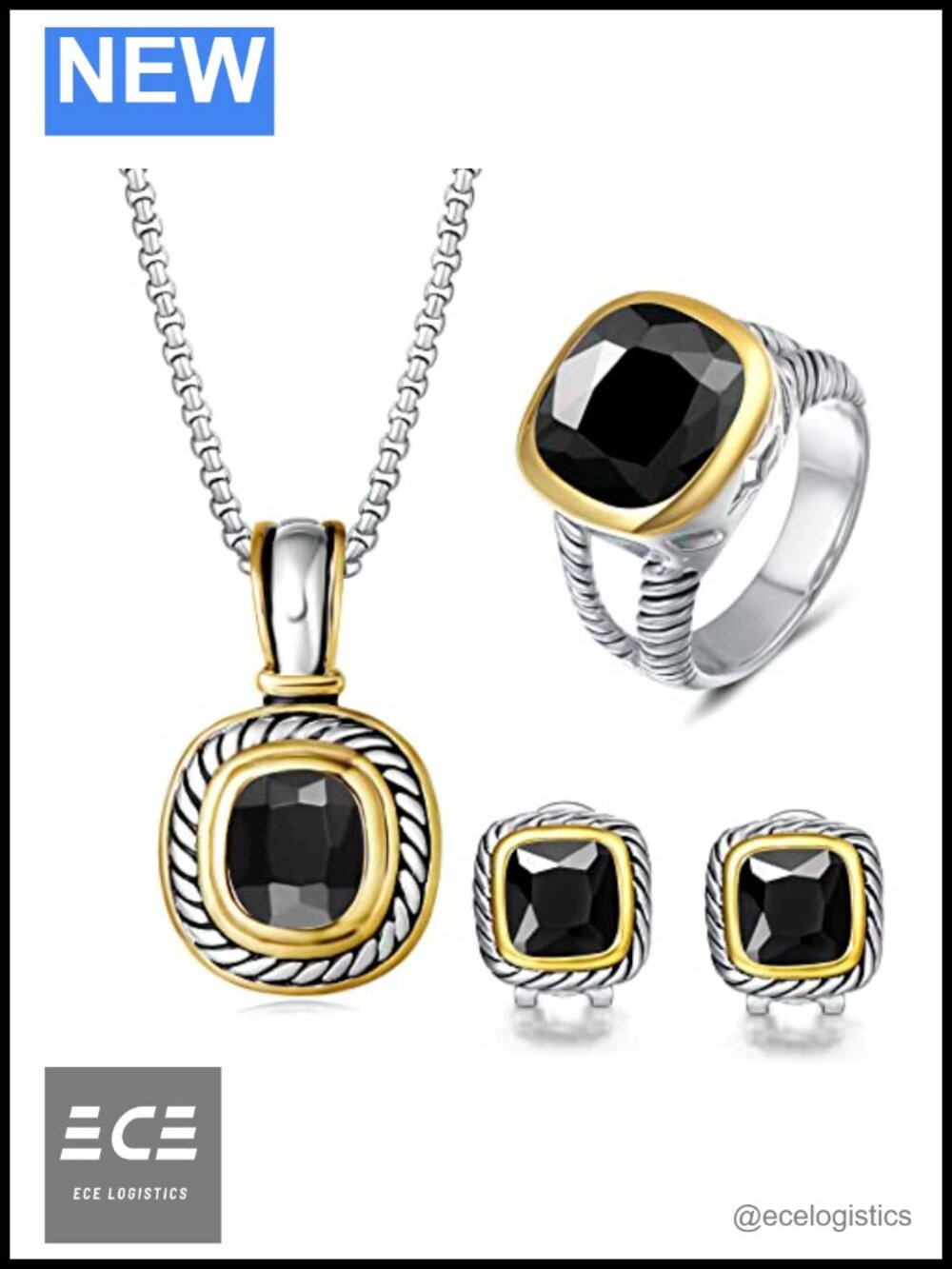 UNY Twisted Cable Wire Enhancer Pendant Necklace French Clip Earring Black CZ